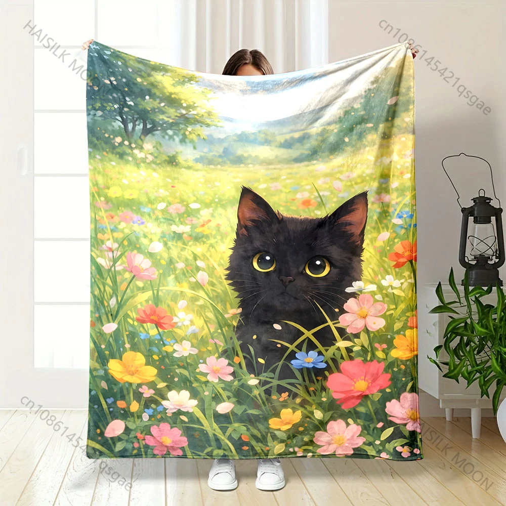Black kitten in wildflower meadow sunlight Print Blanket Warm Soft Fluffy Kids and Adult Sofa Bed Throw Outdoor Travel Camping
