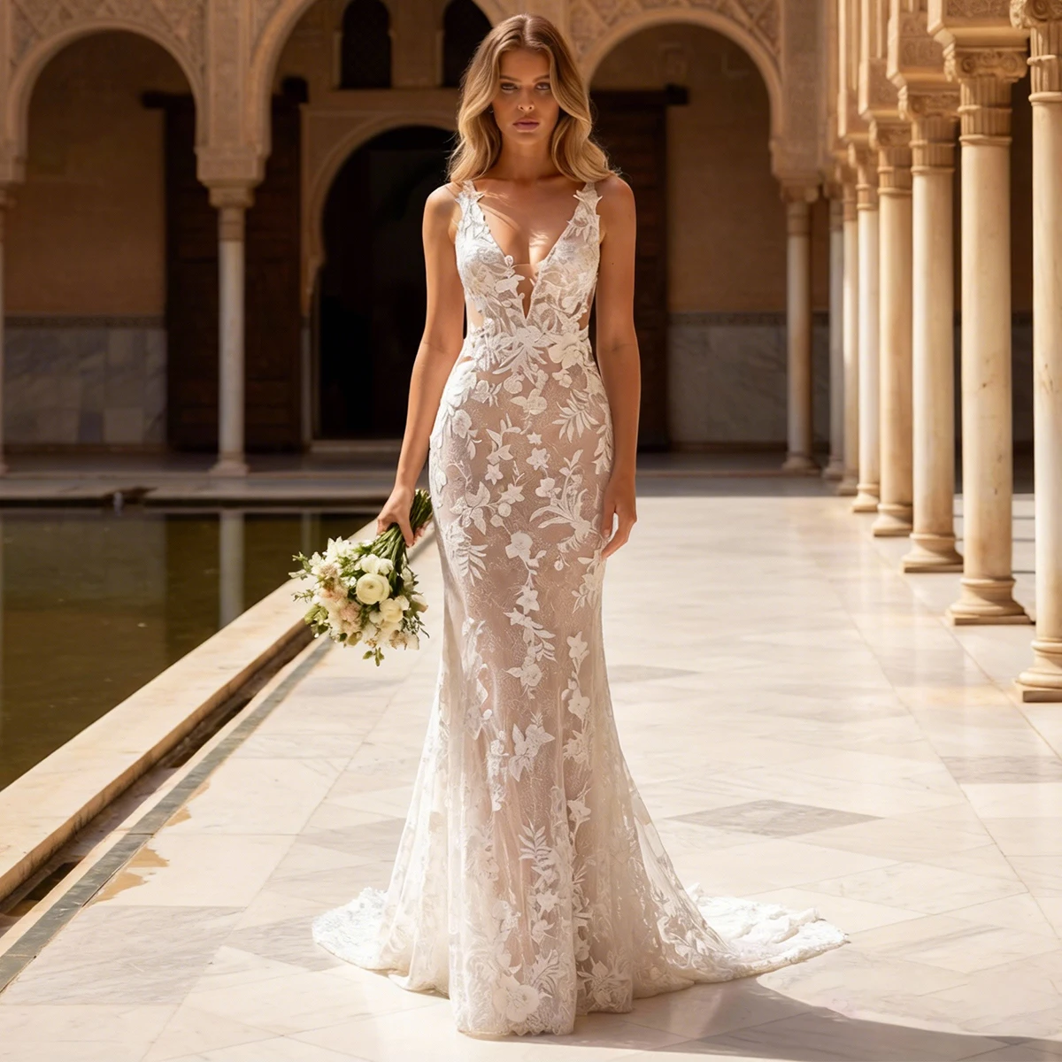 

Elegant Appliques Lace Wedding Dresses For Women 2026 V Neck Mermaid Bridal Party Gown With Train Vestidos Novia