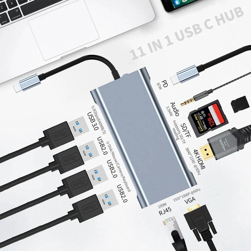 11-in-1 USB C Docking Station Dual HDMI-compatib 4K 100Mbps Gigabit Ethernet 100W PD Charging USB 3.0 Hub VGA SD/TF Card Reader