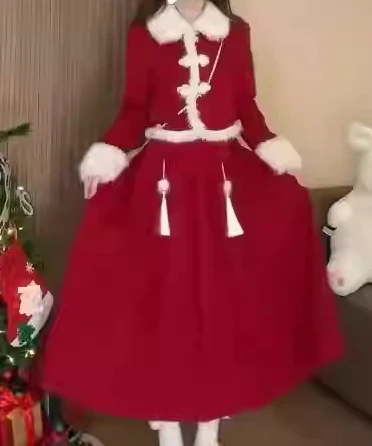 Christmas Two-piece Set New Chinese Red Autumn Winter Sweet Long Sleeve Coat Girl High Waist A-line Fashion Age Reduction Skirt