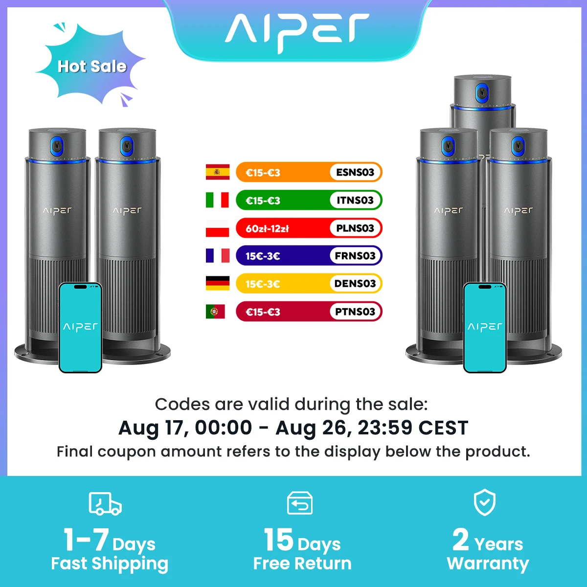 Aiper IrriSense 2 Generalüberholt Intelligenter Rasensprenger 2/3er-Set, Bewässerungssteuerung für mehrere Zonen, automatische Planung, Regensensor, bis zu 445 m²