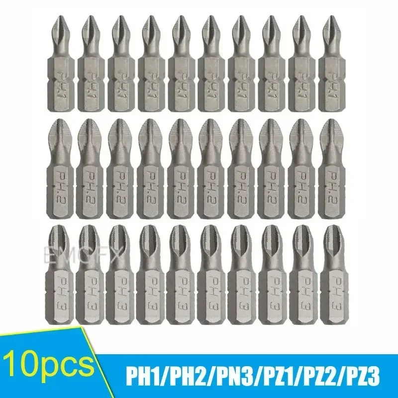 Conjunto de Brocas Hexagonais Phillips de 25 mm Mini Pontas de Chave de Fenda Antiderrapantes para Cabeça de Lote de Broca Ph1 Ph2 Ph3 Pz1 Pz2 Pz3 com 10 Peças