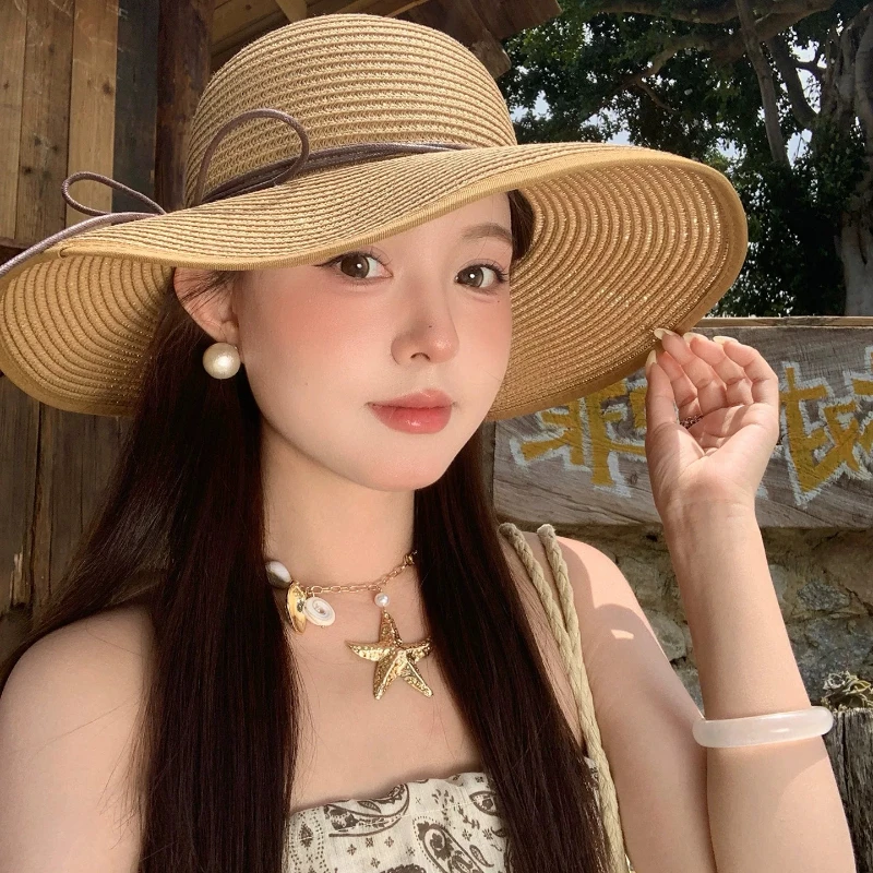 Elegant Foldable Women Sun Hat Summer Wide Brim UV Protection Panama Hat Outdoor Big Eaves Beach Vacation Travel Accessories Cap
