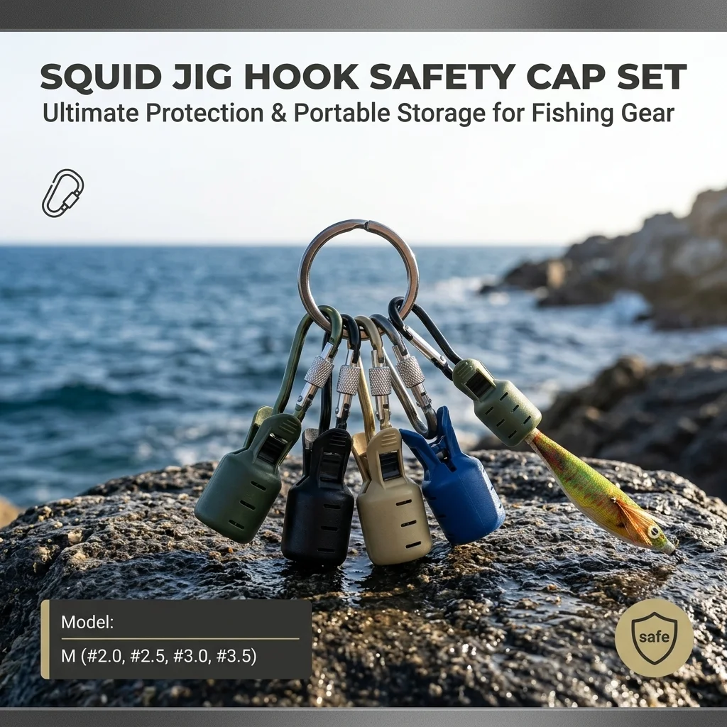 Portable Egi Hook Cap Protector Kit Squid Jig Lure Safety Cover with Locking Carabiner, Storage Buckle Sea Fishing Octopus Bait
