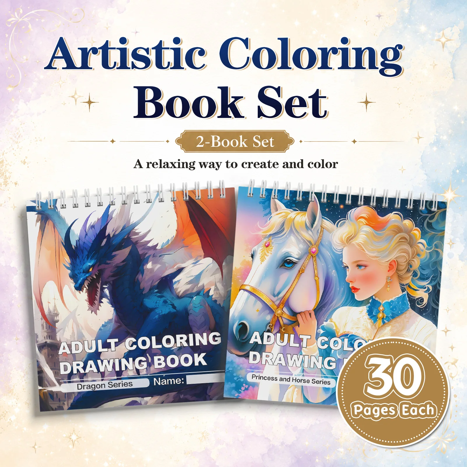 Fantasy Adult Coloring Book Set 2-Pack: Dragon & Princess Horse Coloring Drawing Books, Top Spiral Bound, 30 Pages Each