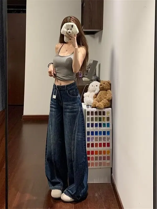 الرجعية تلاشى واسعة الساق الجينز المرأة عالية الخصر فضفاضة عارضة السراويل القطنية الزرقاء ربيع الخريف زائد حجم صغير #2