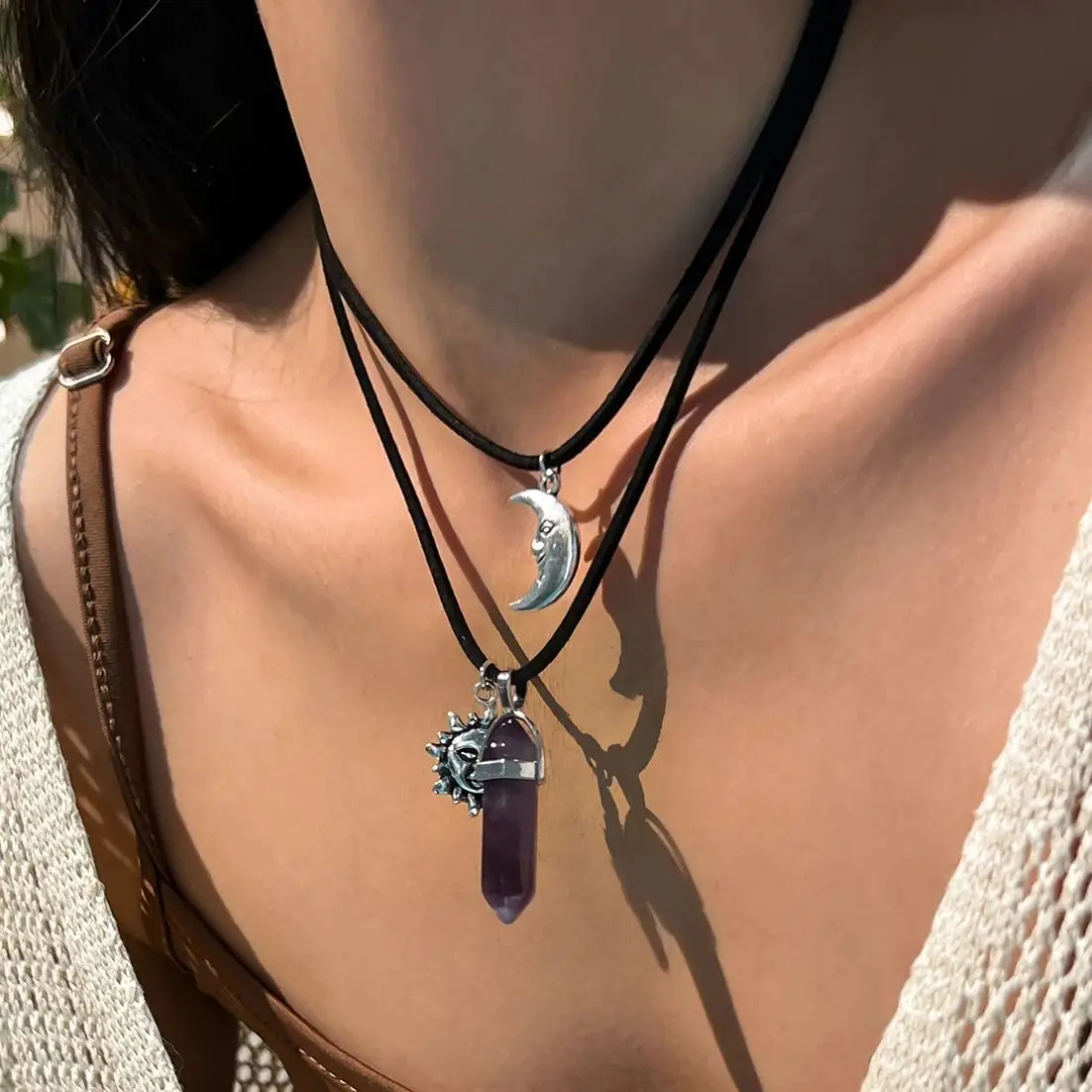 

IngeSight.Z 2Pcs/set Vintage Hexagonal zircon Pendant Necklace for Women Goth Sunflower Moon Face Clavicle Chains female Jewelry