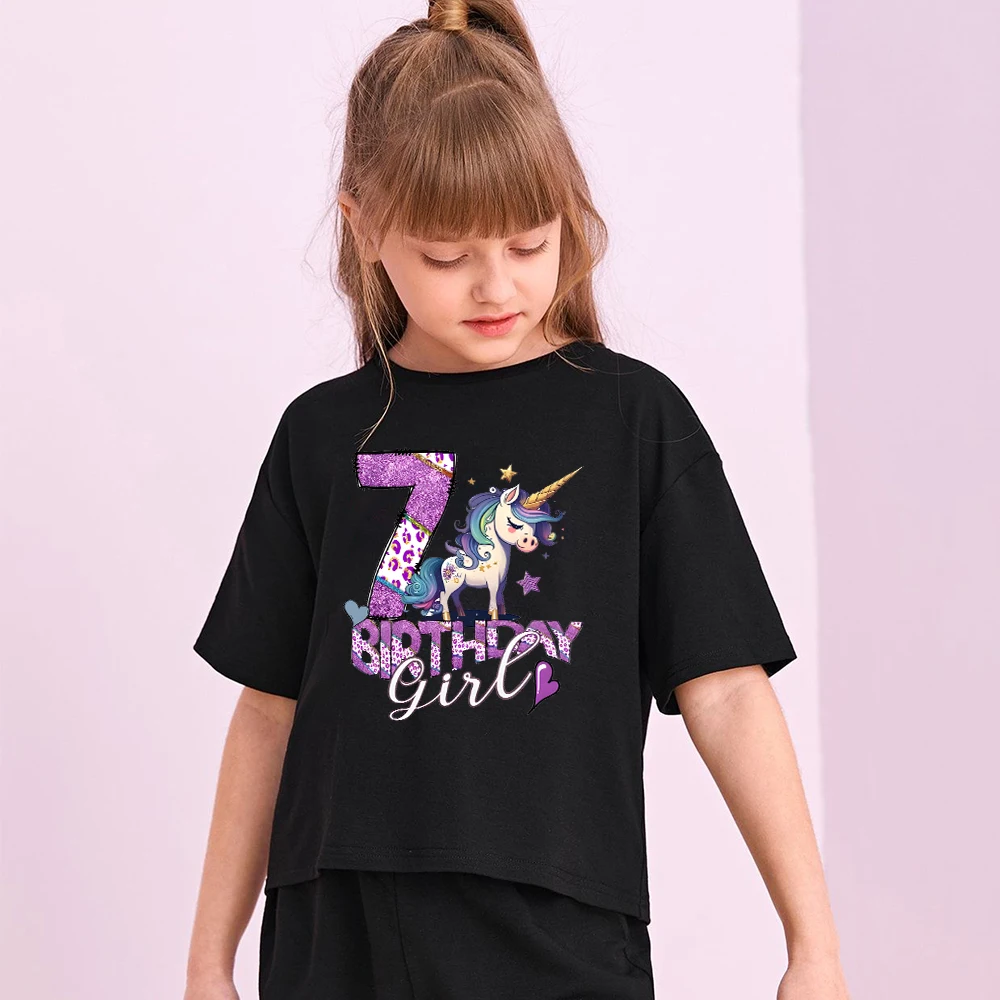 Unicorn Birthday Shirt 1-8 Year Birthday Shirts Wild Tee Girls Party T-shirt Unicorn Theme Outfit Kids Gifts Fashion Tops Tshirt