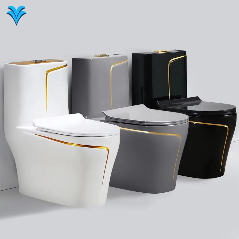 

Luxury One Piece Ceramic Wc Gold Line Design Bathroom Ceramic One-Piece Gold White Colored Toilets Bowl