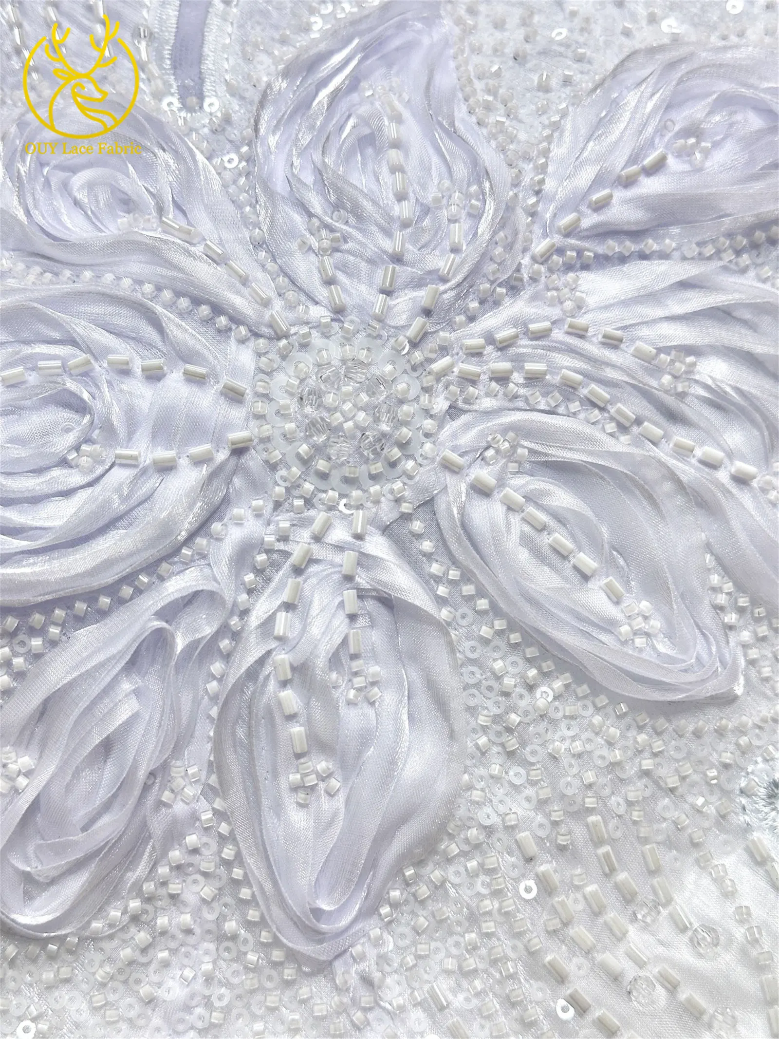 3D-Blumen-Tüll, afrikanischer Spitzenstoff, eleganter französischer nigerianischer Perlen-Pailletten-Mesh-Spitzenstoff für Damen, Hochzeitskleid-Design-Stoff – Detail 14