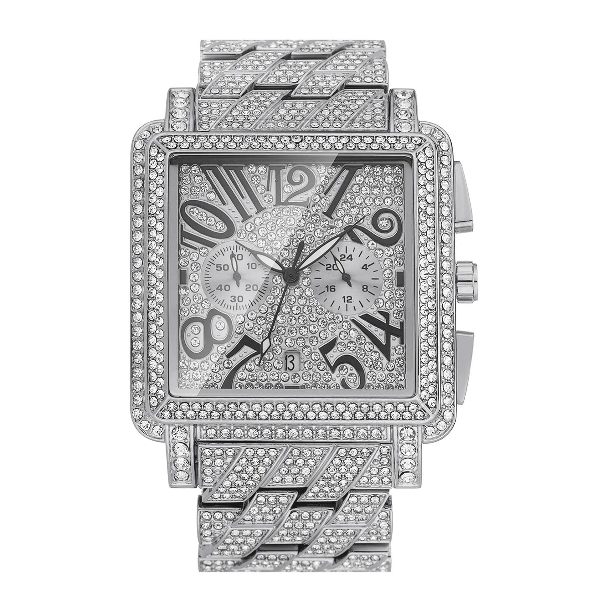 นาฬิกาข้อมือผู้ชายคุณภาพสูง รุ่นหรูหรา ประดับเพชรเต็มหน้าปัด ตัวเรือนทอง ขนาดใหญ่ พร้อมฟังก์ชั่นโครโนกราฟ แสดงวันที่ นาฬิกาควอตซ์ผู้ชาย มี 3 สี