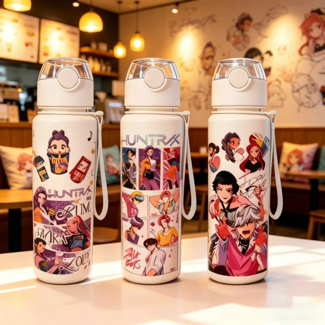 White Base Cartoon Pattern Water Bottle Fashion Large Capacity Lightweight Leakproof Cup for School Fitness Outdoor