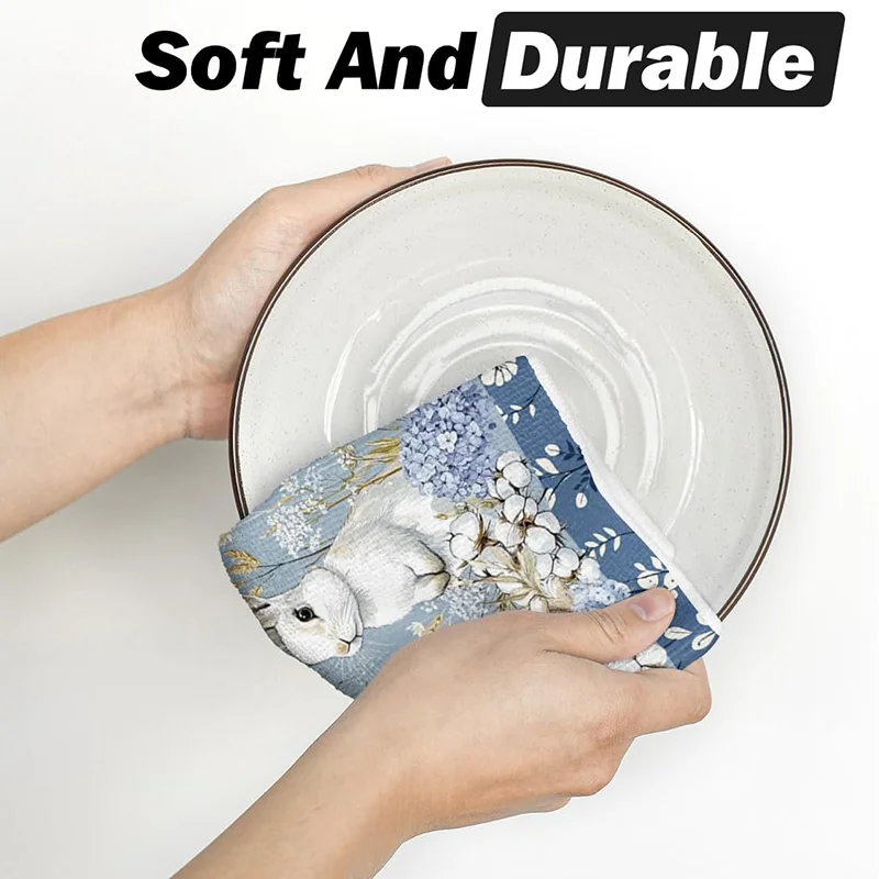 2Pcs, Blue Hydrangea Cute Rabbit Kitchen Towels, 40Cm*60Cm Towel Set, Super Absorbent Soft Cleaning Cloth, Cooking Baking Tea Towel, Hand Towel, Cleaning Cloth, Dishcloth, Kitchen Decoration, Living Room Decorations, Kitchen Essentials, Home Essentials