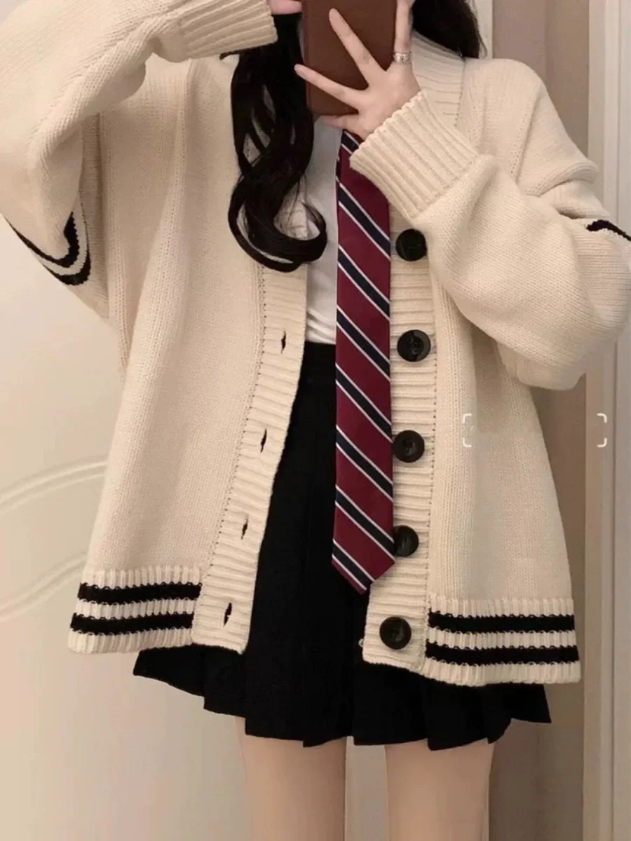 Women Varsity Cardigan with Contrast Trim V-neck Oversized Button Up Knit Sweater Jacket Teen-girl Preppy Style Jersey