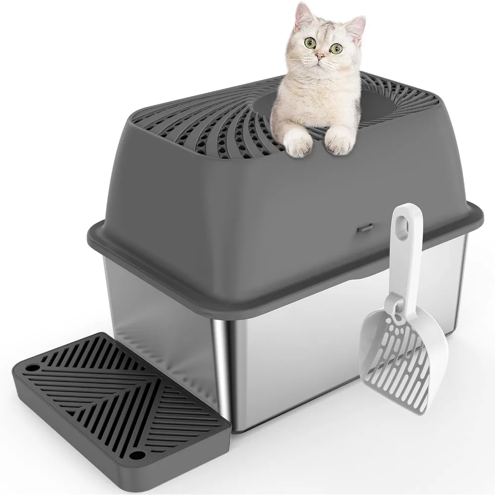 

Top Entry Cat Litter Box for Dog-Proof with Footboard, Odor Control, Anti-Leakage, Easy Cleaning, Stainless Steel Litter Box