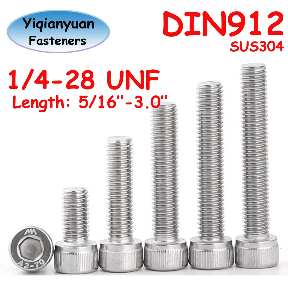 Yiqianyuan 1/4-28 UNF Thread DIN912 SUS304 Stainless Steel Hexagon Socket Knurled Cap Head Screws Allen Key Bolts Full Threaded