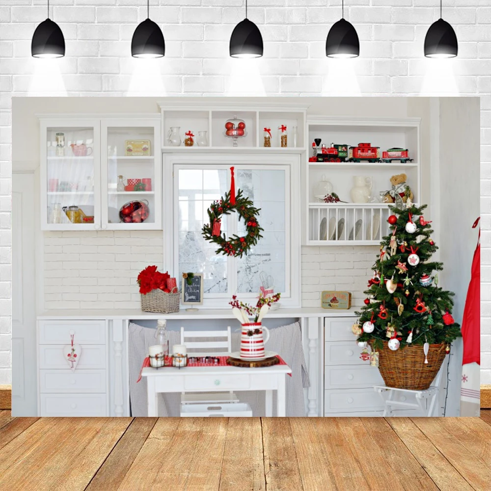 Christmas Kitchen Photography Backdrop Cupboard Xmas Tree Family Holiday Party Decor Newborn Kids Portrait Background Props