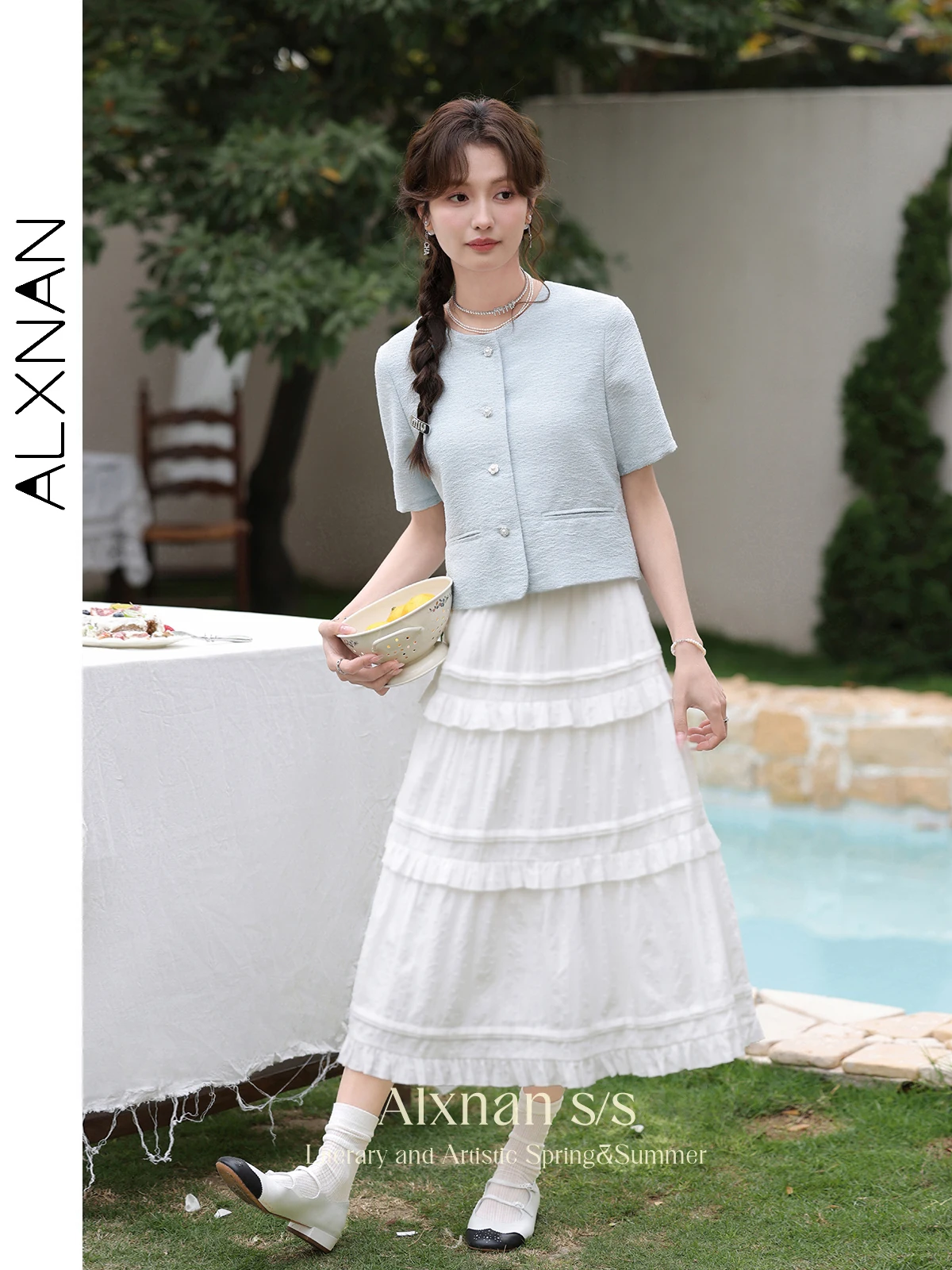 ALXNAN Women Ruffled Hem Tiered Skirts 2024 Sweet Fashion Elastic Waist A Line Midi Skirts for Girl Woman Summer Clothes L33977