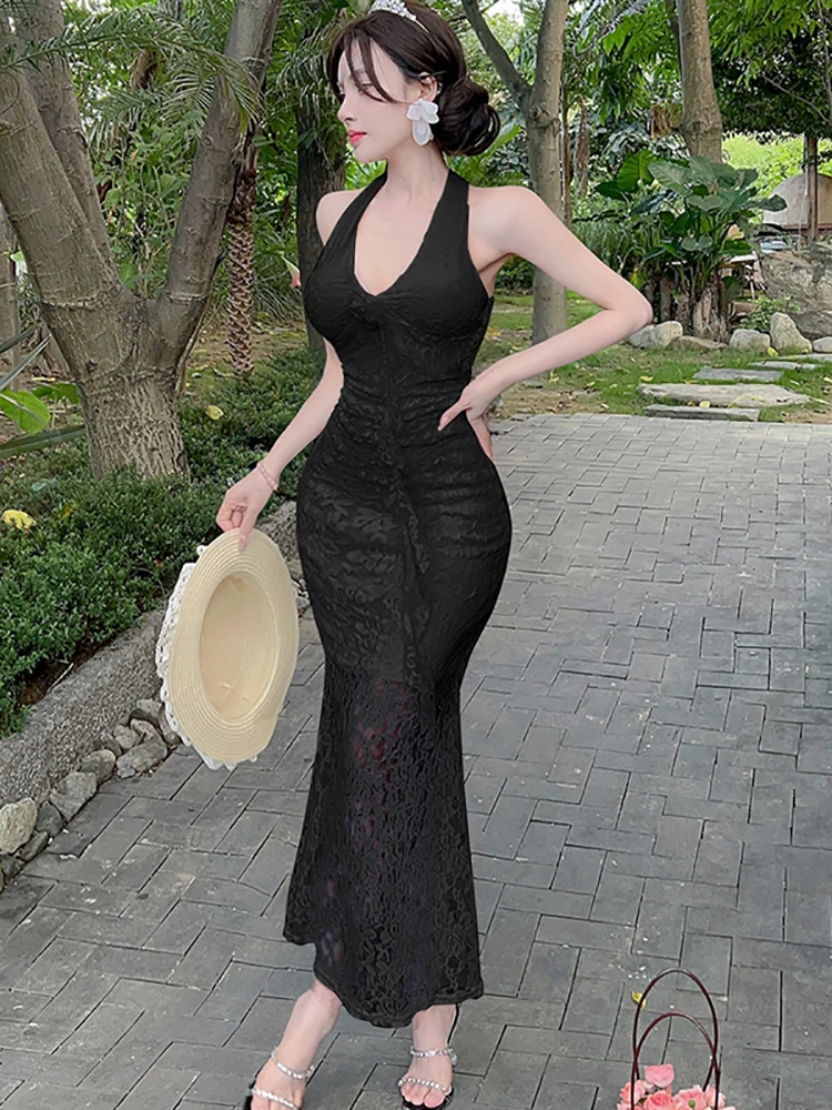 ผู้หญิงลูกไม้ Jacquard เซ็กซี่คอติดตั้งชุดฤดูร้อนหรูหรา Ruffled ชุดยาวชุด 2025 เกาหลี Vintage Night Dress