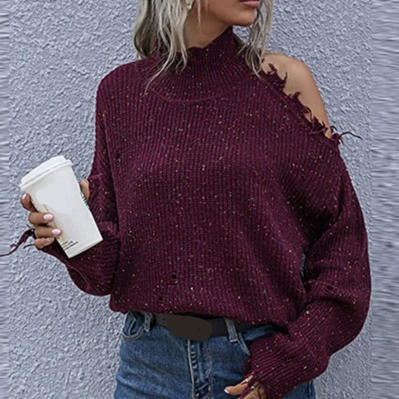 

Women Hole Sweater Autumn Winter 2022 Fashion Truffle Shoulder Long Sleeve High Collar Pure Color Knitted Pullover Knitted Tops