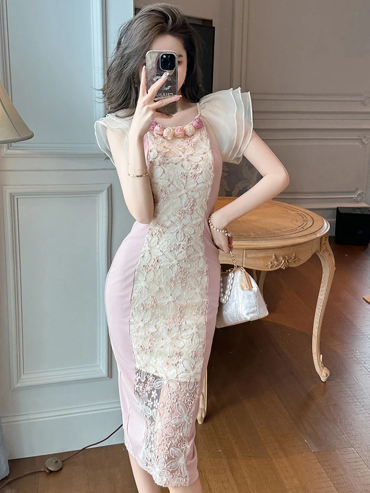 Noble Elegant Prom Dresses Women Sweet Cute Girl Chic Rose Sheer Lace Hook Flower Sequin Embroidery Wrap Hip Robe Party Vestidos