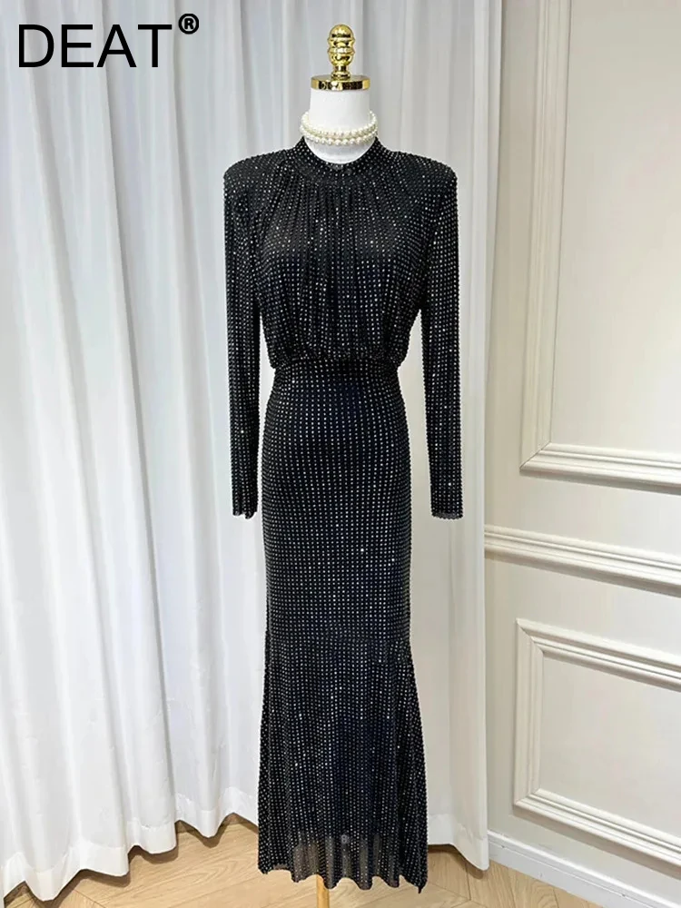 

DEAT Spliced Diamonds Turtleneck Elegant Women Dresses Long Sleeve Solid Color Zipper Mid-length Dresses Female 2024 15KB6259