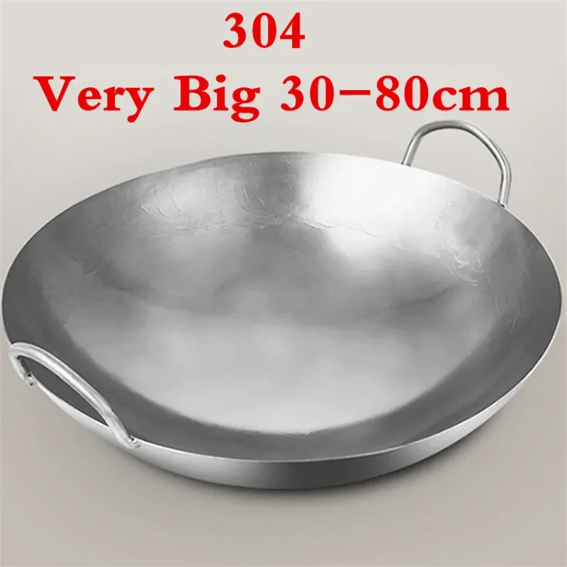 Wok de acero inoxidable 304, olla de cocina de 50, 60 y 70cm, sartén sin recubrimiento para acampar al aire libre, chef usado, cocina de Gas china, sartén wok grande