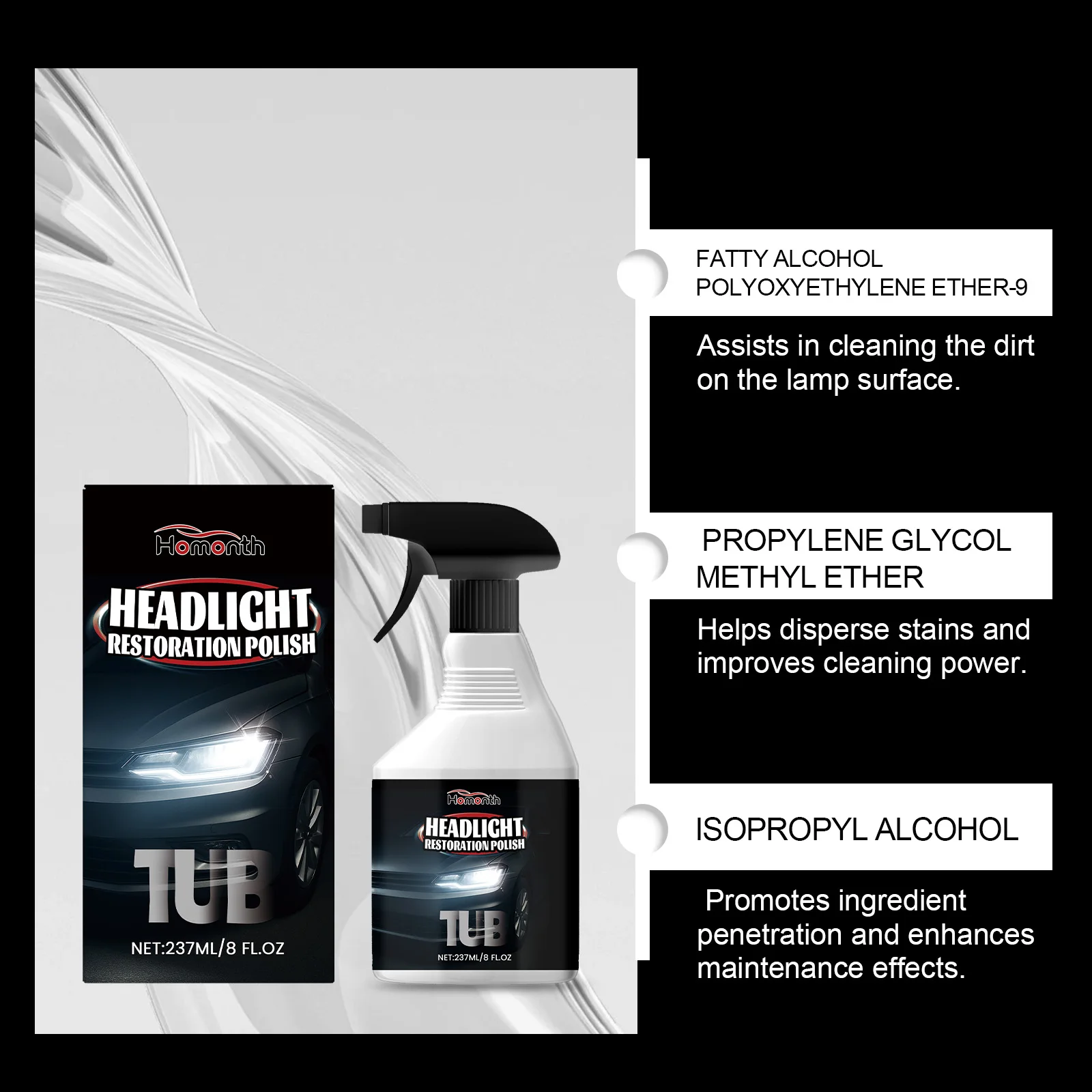 Car Headlight Restoration Spray High Gloss Polish Cleaner Spray Eliminates Haze Yellowing Restores Clarity for Auto Headlights
