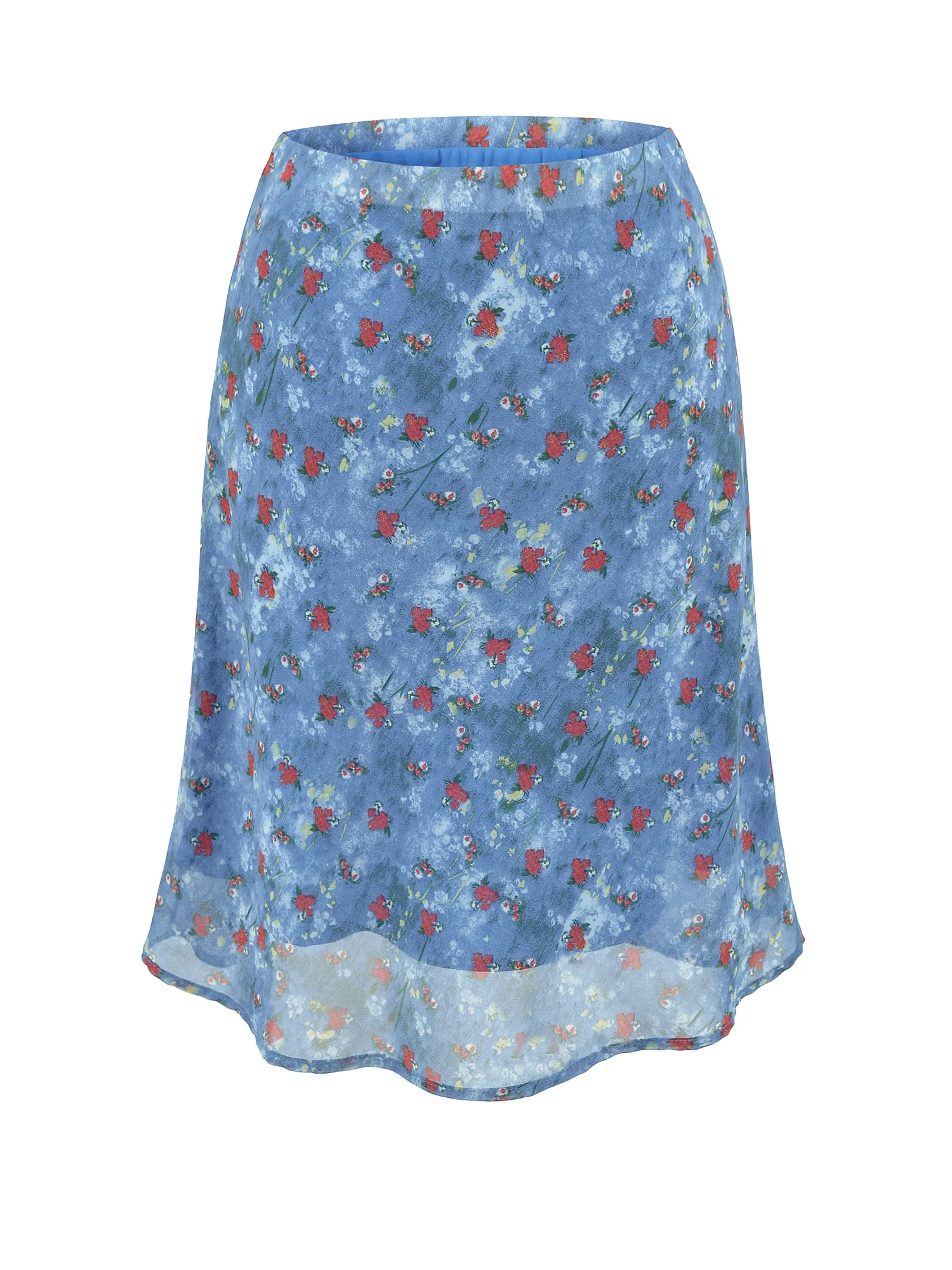 

Summer New Blue Floral High Waist Wrap around Skirt Women's Small Size Versatile Floral mid Skirt Holiday Style