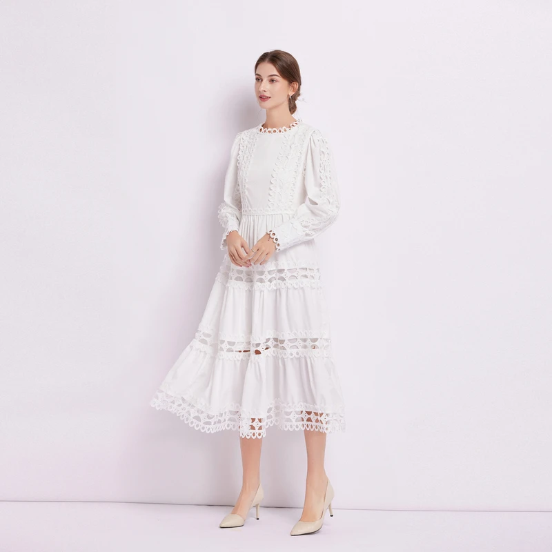 Women Elegant Long Sleeve Hollow Out Lace Patchwork Dress