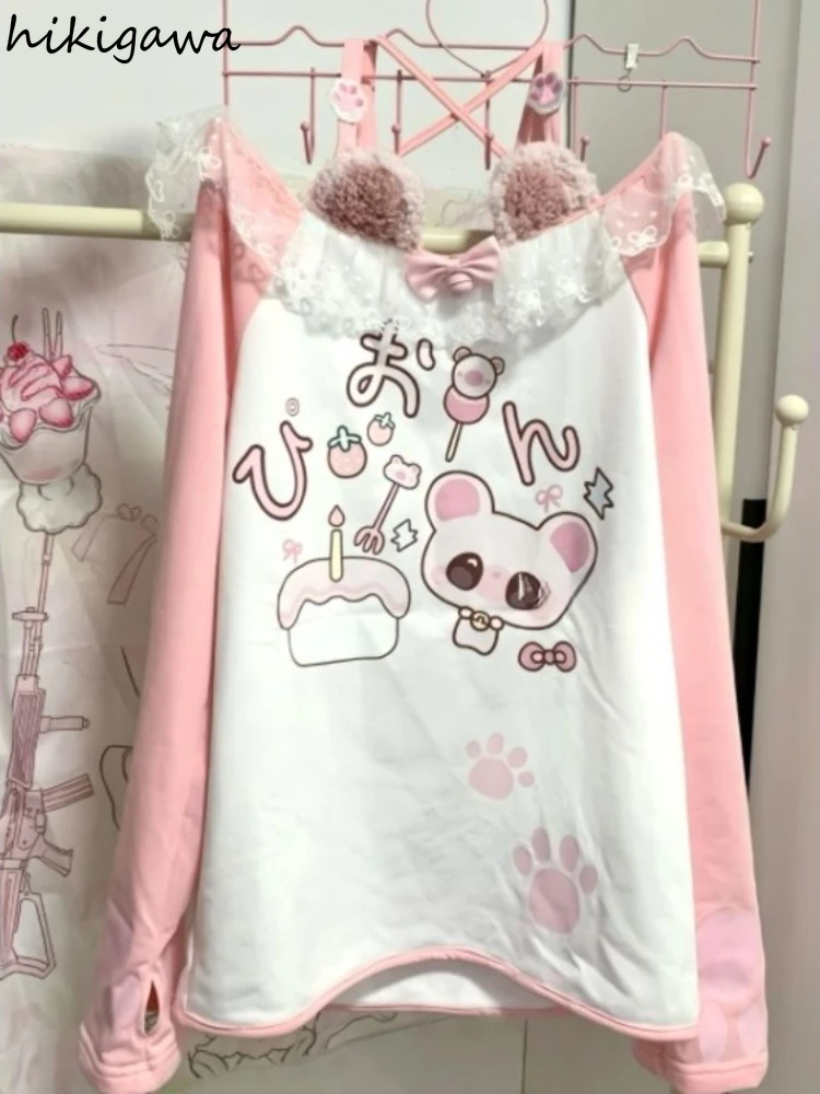 تي شيرت ياباني حلو تي شيرت 2025 ملابس نسائية برقبة مائلة وأكمام طويلة تي شيرت Y2k قطع علوية مرقعة من الدانتيل مطبوع عليه رسوم كارتونية تي شيرت لطيف #2