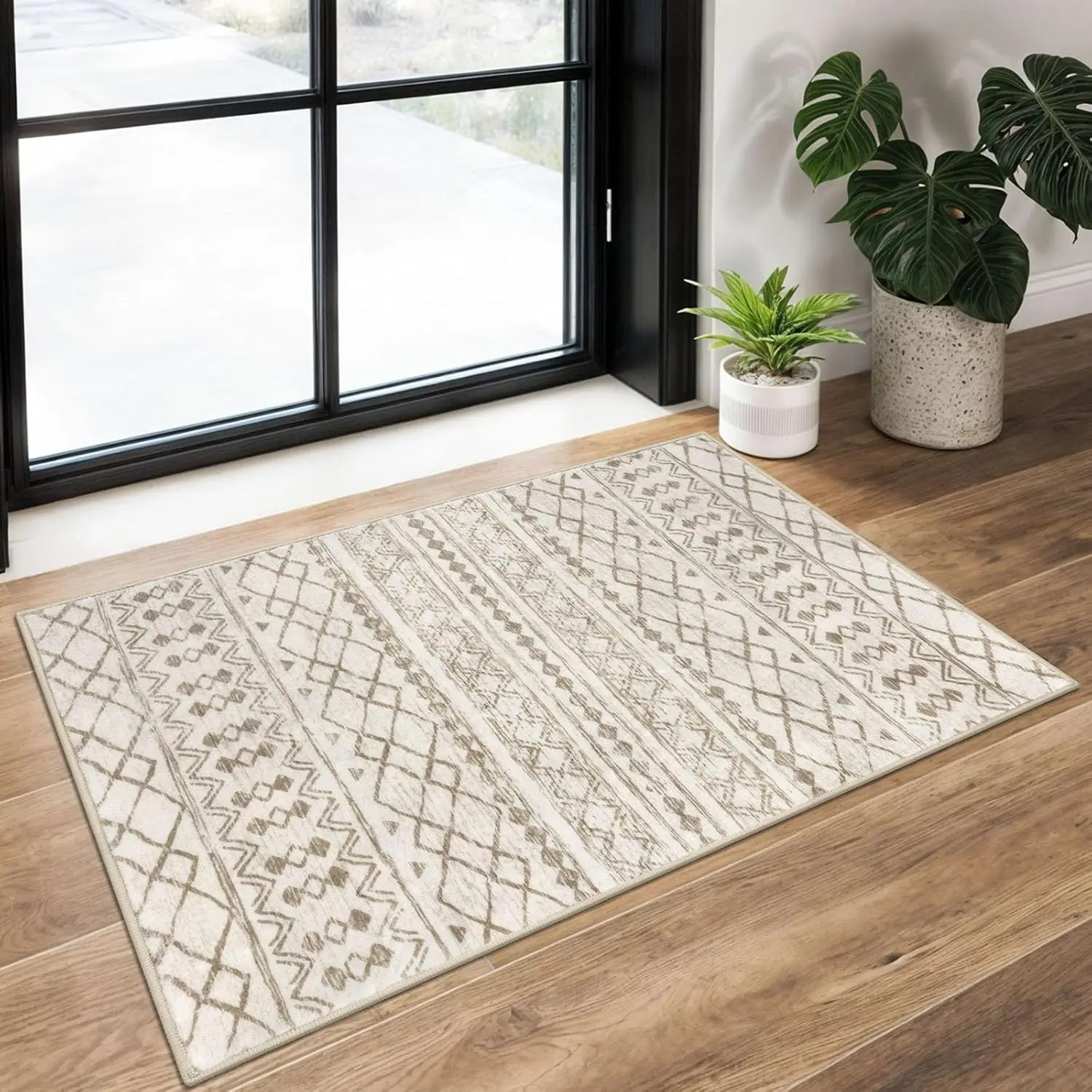 

Моющийся нескользящий ковер для прихожей 2x3, бежевый марокканский коврик в стиле бохо, ультрамягкий винтажный геометрический ковер с низким ворсом для помещений