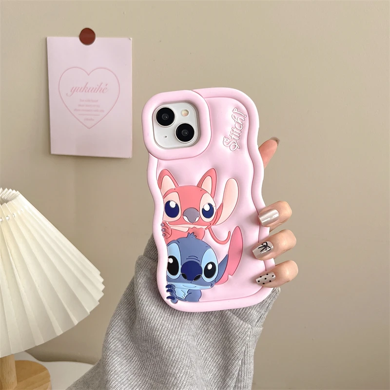 For iPhone 16 15 14 Plus 13 12 Pro Max 11 X Xs So Cute Stitch Wave Side Phone Case Luxury 3D Cartoon Soft Silicone Cover Couple