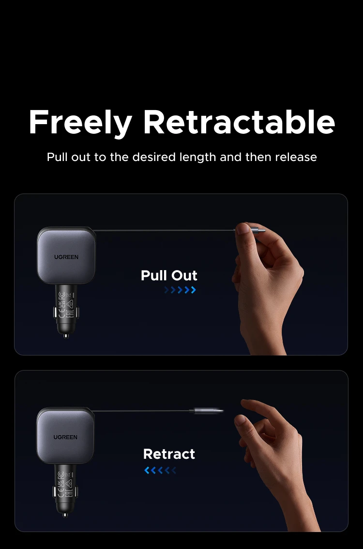 UGREEN 145W 90W 60W Car Charger 3 USB-C & 1 USB-A Ports PD QC4.0 Fast Charging with Retractable Cable for iPhone 18 17 MacBook