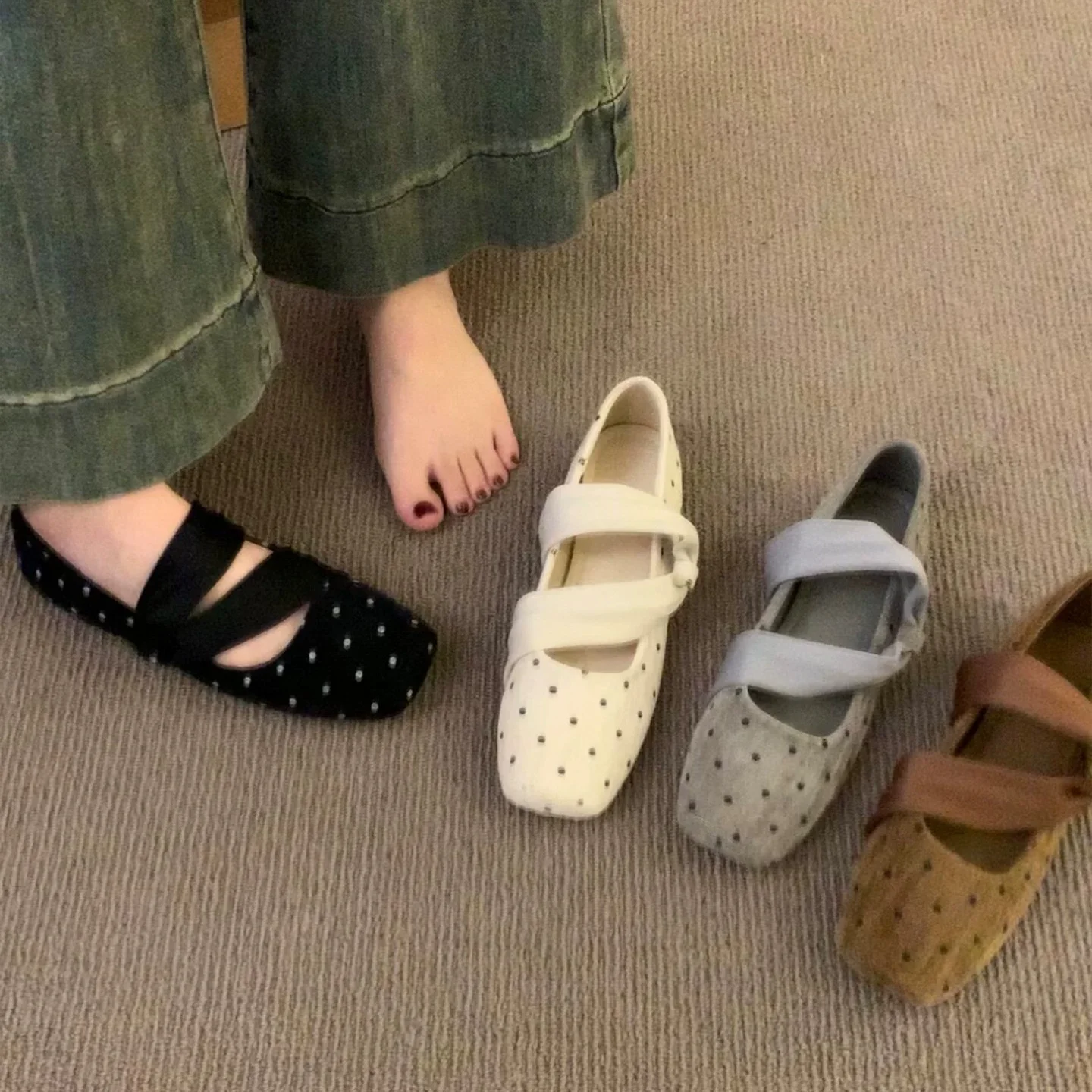 Casual Ballet Style Flat Shoes Women's Spring Autumn New Fashionable Low Cut Versatile Mary Jane Shoes Dots Pattern Smooth Le...