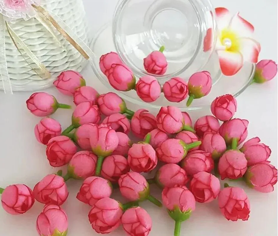 500PCS  2CM Artificial Silk Tea Rose Flower Heads For Wedding Decoration Small Tea Bud Hairpin Wreath DIY Accessories