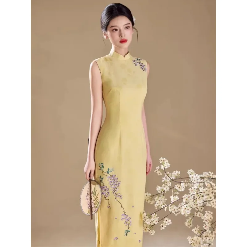 

Spring/Summer New Qipao Double Embroidered Jacquard Long Yellow Sleeveless Style Elegant Qipao Dress