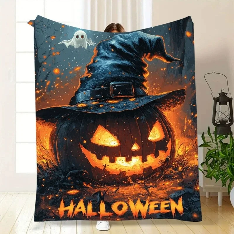 Night Forest Halloween Fleece Blanket Big Witch Hat Pumpkin Little Ghost Spark Print Comfortable Throw Blanket