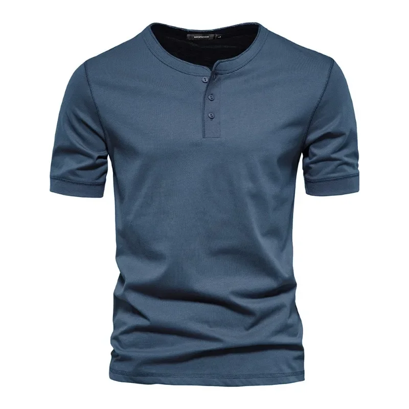 

New Business Casual Men Henry Round Neck Short Sleeve T-shirt Cotton Men Slim Solid Color Sports Base Shirt