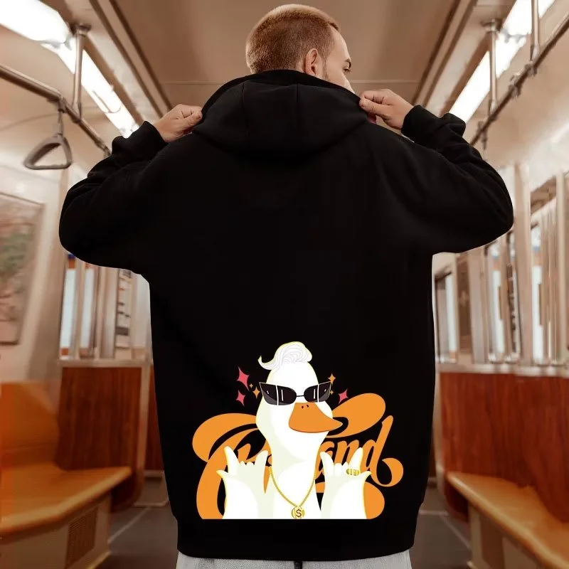 M-8XL Oversized Hoodies Men American Cartoon Duck Boss Print  Loose Hoodie Student\'s Large Soft Velvet Hooded Sweater