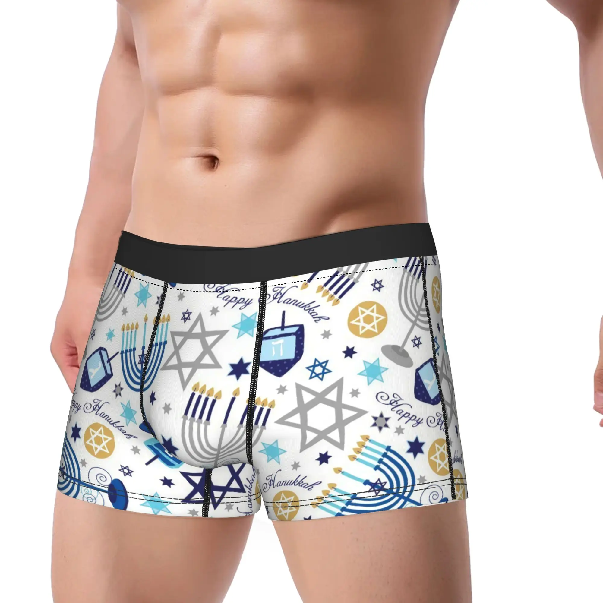 Hanukkah Star of David Men's Underwear Menorah Candle Boxer Briefs Shorts Panties Printed Polyester Underpants for Homme S-XXL