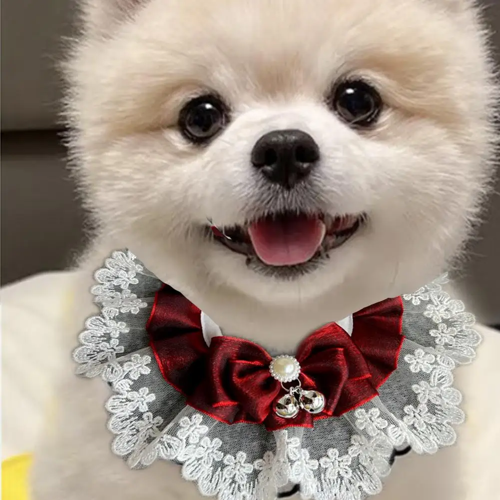 

1 Set Dog Collar Jewelled Silk Wedding Lace Stitching Faux Pearl Decor Pet Cat Puppy Ribbon Scarf Pendant Pet Bows Necklace