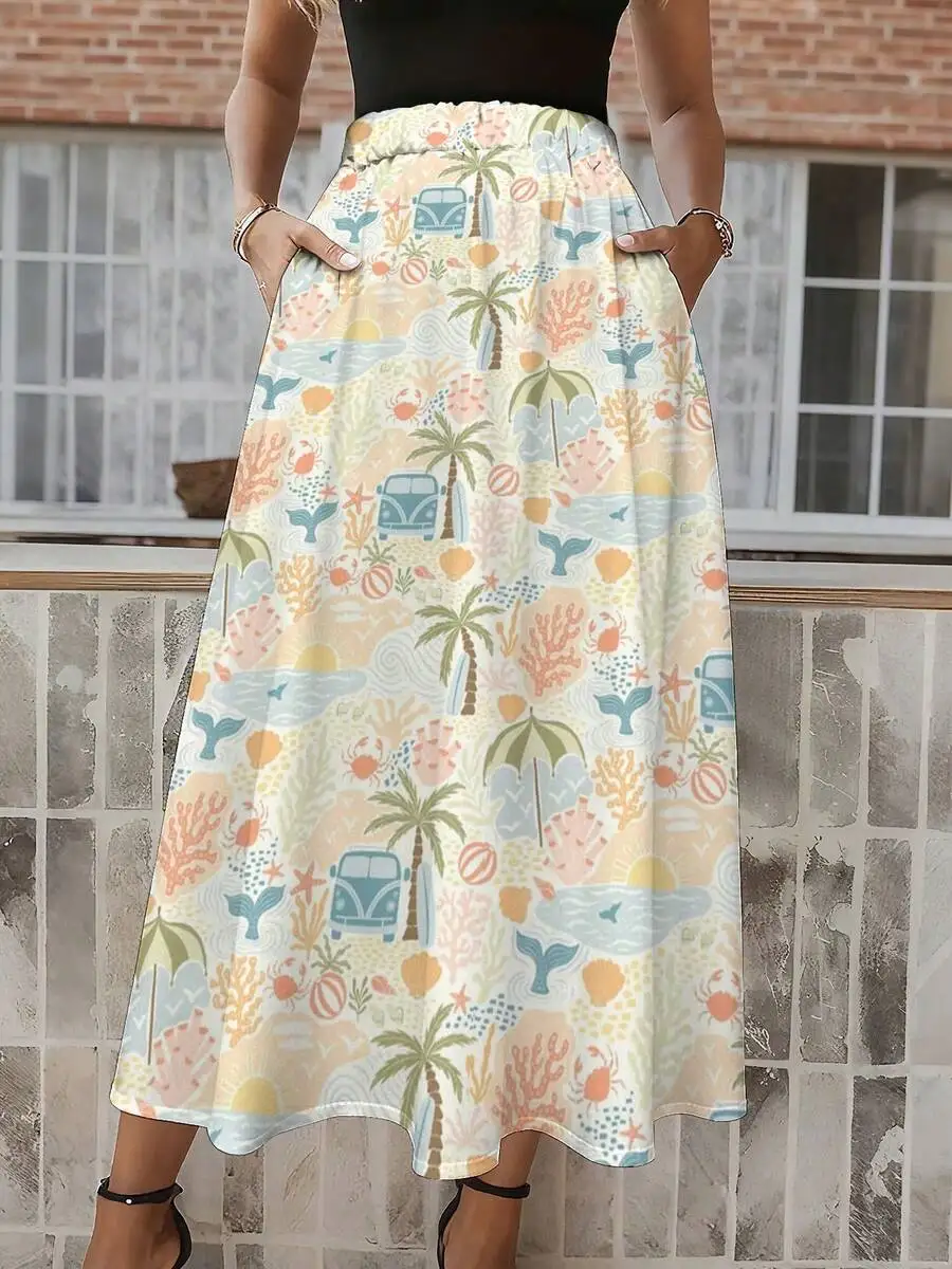 

Womens High Waist Elastic Maxi Skirt With Palm Trees Coral Whale Print Pockets Casual A-Line Long Skirt