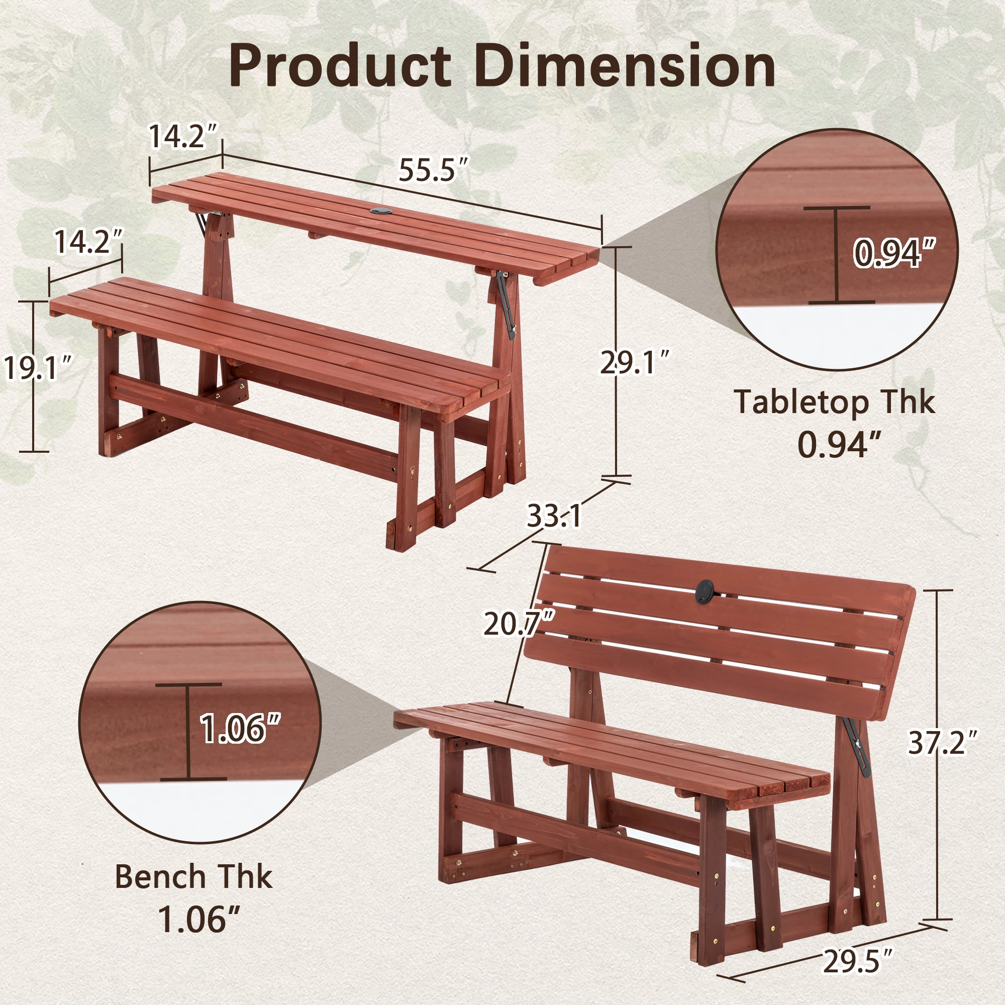 2 in 1 Convertible Folding Bench Picnic Table Solid Wood Waterproof UV Resistant Dining Set Umbrella Hole for Patio Garden