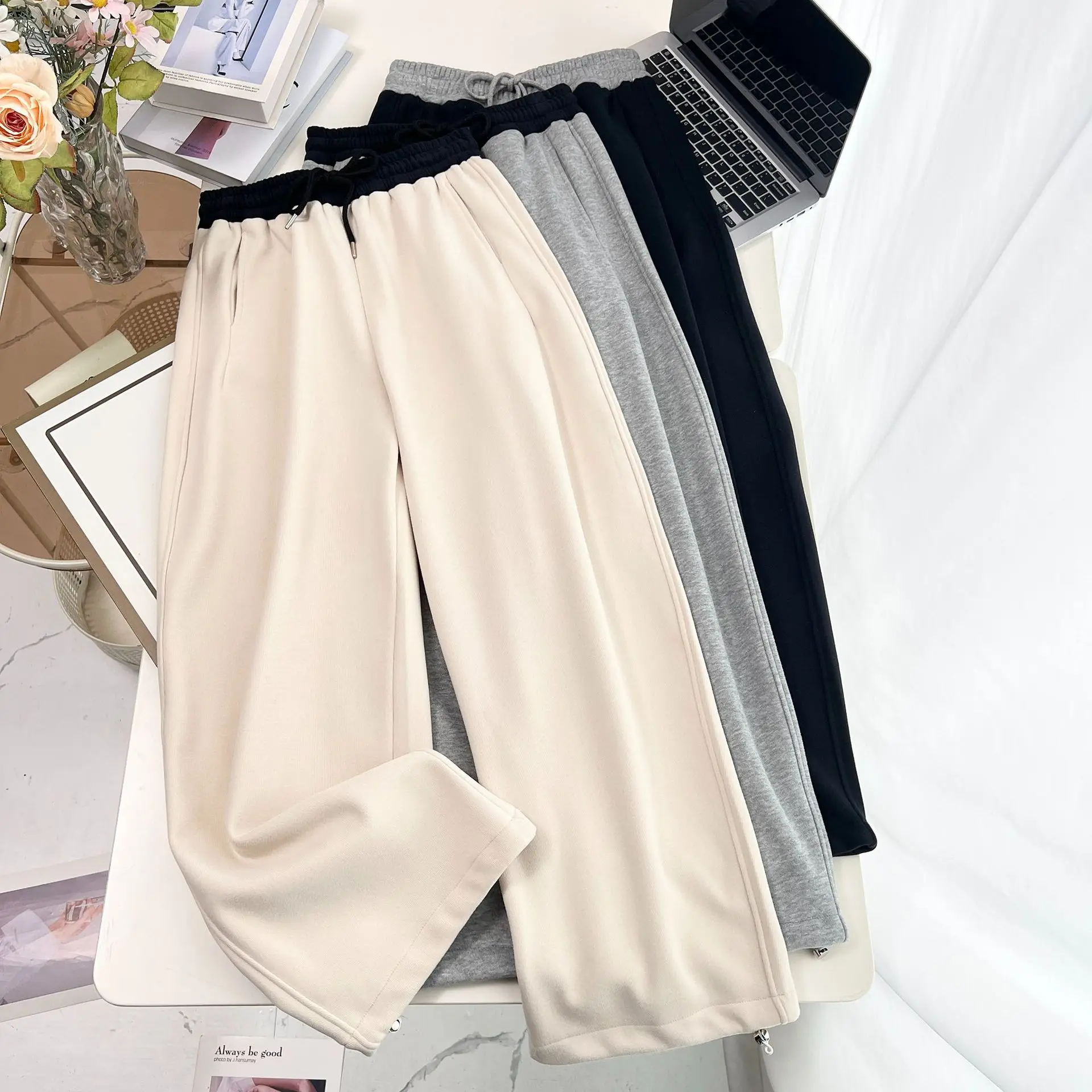 XXXXL موضة حجم كبير المرأة سراويلي حريمي جديد الخريف والشتاء عادية ومتعددة الاستخدامات سميكة الصوف منحني بنطلون 2582