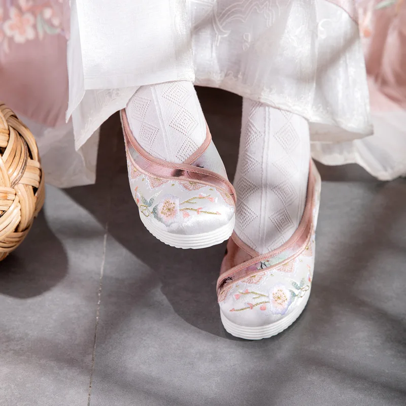 Hanfu Shoe Ancient Chinese Traditional Dance Performance Embroidery Canva Flat Oriental Women Wedding Ankle Internal Height