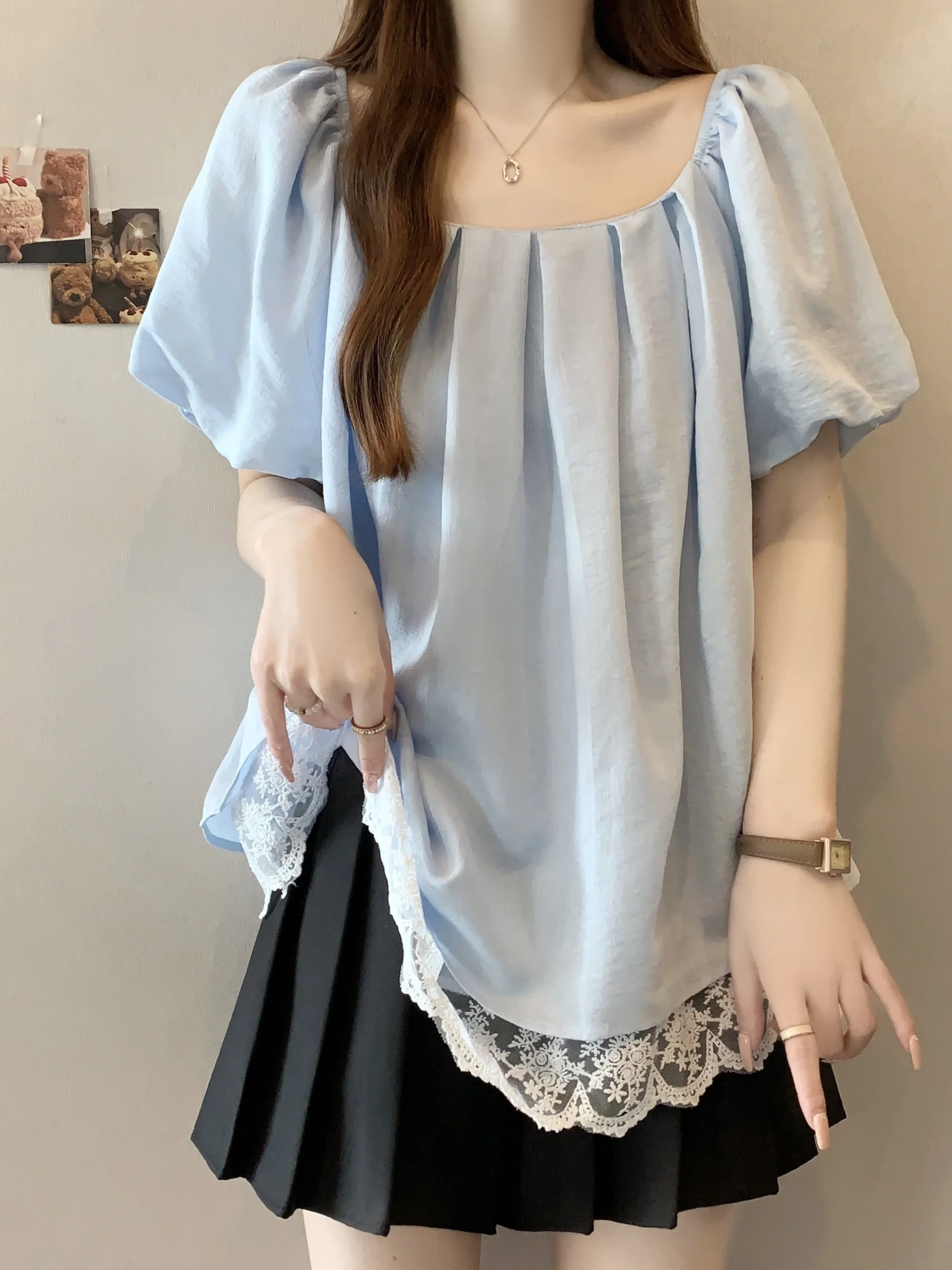 

plus Size Women's irt Loose Fit Bubble Sve Lace Patchwork Chiffon Top Summer Slimming Square Collar Casual Sweet Sle