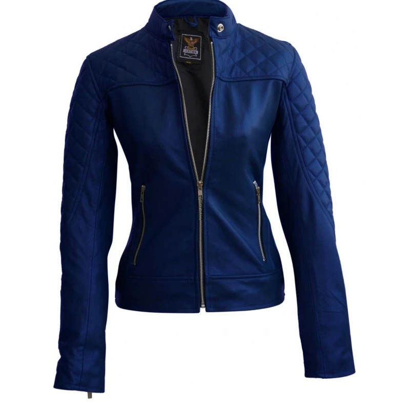 

Trendy Women's Sheepskin Authentic Pure Leather Jacket Biker Blue Quilted Coat