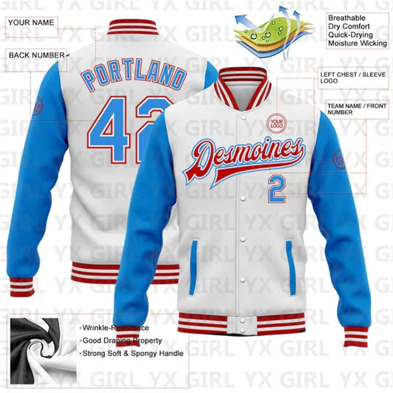 Custom White Electric Blue-Red Bomber Full-Snap Varsity Letterman Two Tone Jacket 3D Baseball Button Jacket