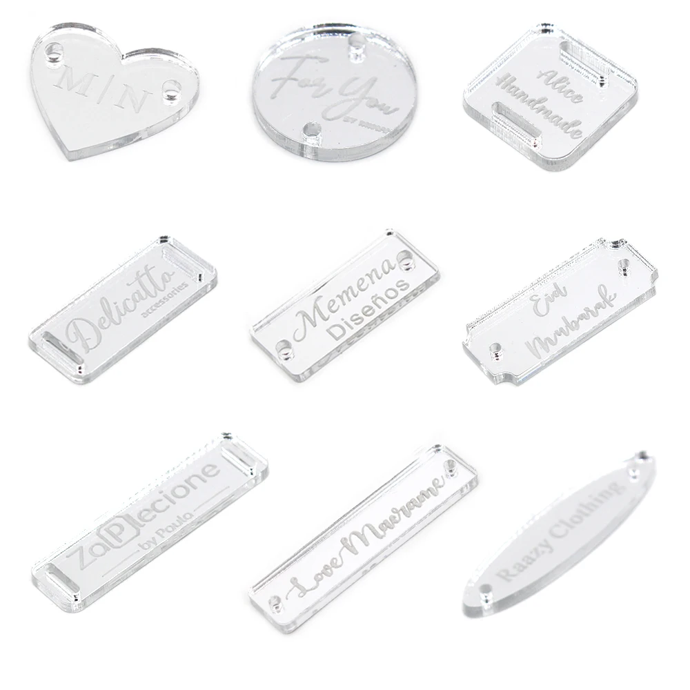 25 Personalized Engraved Silver Mirror Tag Sew On Ribbon Bow Many Shape Acrylic Label Custom LOGO Handmade Party Candy Box Decor